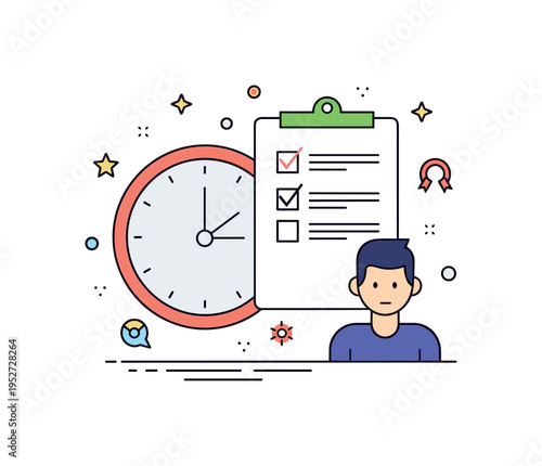 Time management and personal productivity centered on a simplified clock combined with a checklist and a focused character, expressing prioritization and