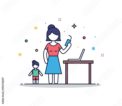 Working mom at home scene shown as a simplified mother silhouette holding a phone while a small child icon stands nearby and a laptop rests on a table,