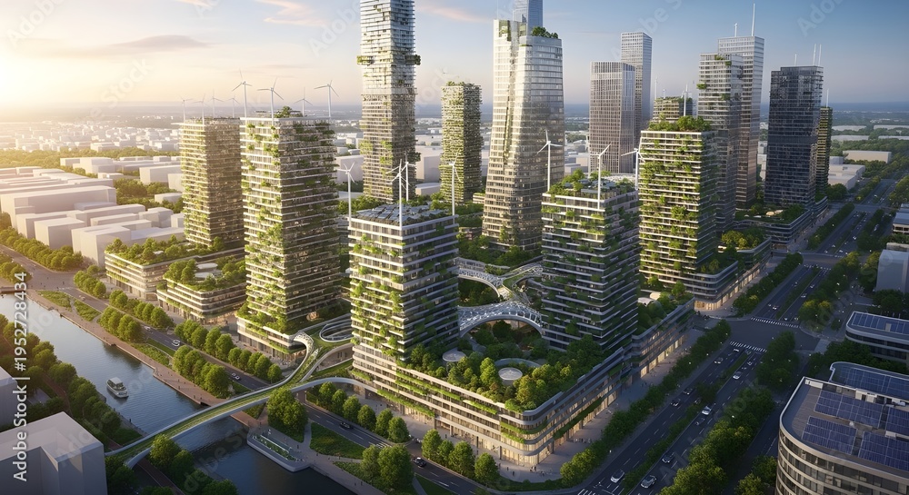 Fototapeta premium Futuristic eco city with green buildings, rooftop gardens and solar panels integrated into architecture, sustainable urban living concept, clean composition, high resolution 8K.
