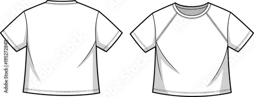 White short sleeve t-shirts with contrasting stitching shown from front and back views on a white background