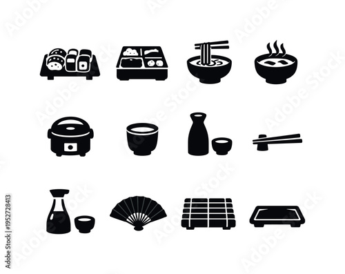 Japanese Cuisine. Solid icon set of Japanese Cuisine: sushi platter, bento box, ramen bowl, miso soup, rice cooker, tea cup, sake bottle, chopsticks rest, soy