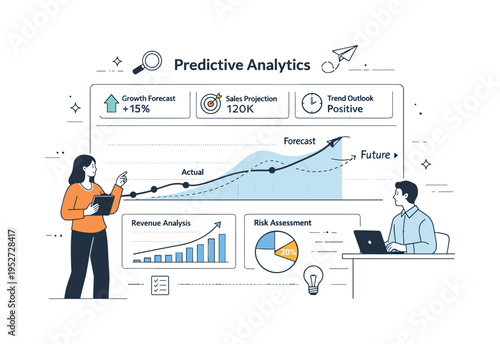 Predictive analytics dashboard. Trend lines and forecast indicators displayed clearly on a modern interface, suggesting future-oriented analysis. The