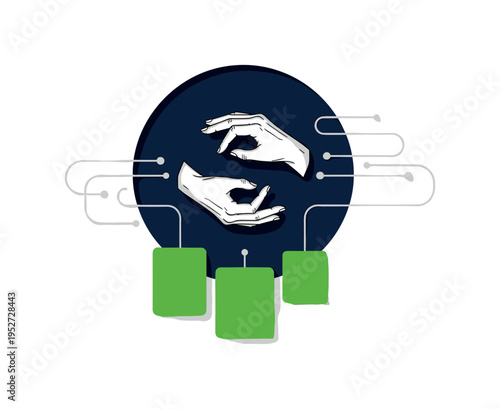 Conceptual waste reduction theme with black-and-white hands forming circular motion gesture, deep navy circle backdrop, bright green rectangular blocks