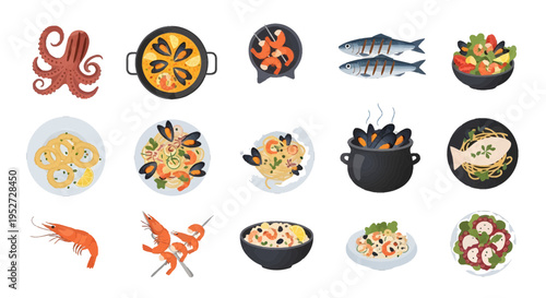 Seafood dishes collection with octopus, paella, calamari, mussels, and grilled fish flat vector illustration