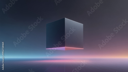 Ultra Minimal 3D Holographic Cube. Neon Blue and Purple Rim Lighting. Dark Futuristic Digital Background.