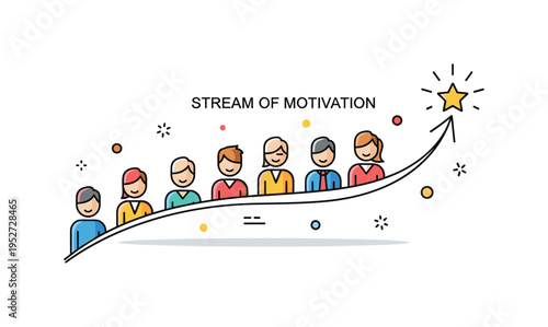 Stream of motivation teamwork inspiration illustration with multiple simplified figures aligned along a curved upward line ending in a small star symbol. The