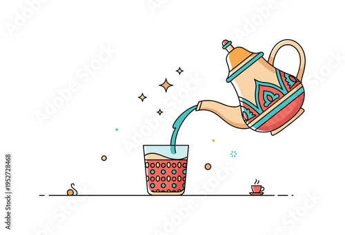 Moroccan tea hospitality ornate teapot pouring into a patterned glass with small star accents above, symbolizing warmth and welcoming spirit. A vibrant yet
