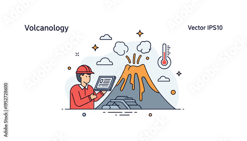 Volcanology specialist studying active volcano represented by a geologist observing a simplified volcano silhouette with lava flow lines, expressing monitoring