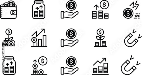 Financial Icons Set with Money, Growth, and Investment Symbols