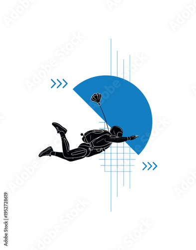 Monochrome side-view of a skydiver in freefall before parachute deployment, intersected by a large blue semicircle symbolizing open sky and thin vertical grid