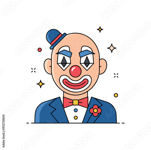 Funny clown expression close up of a clown with exaggerated eyebrows and a small flower on the lapel, symbolizing humor and theatrical charm. A compact badge