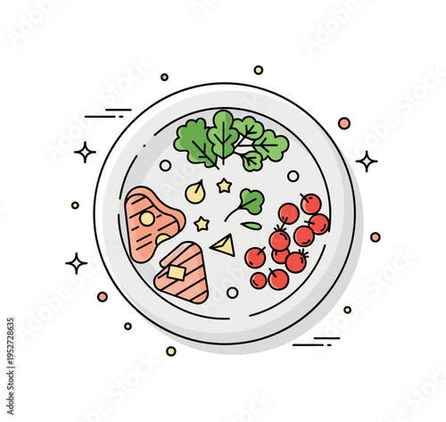Three ingredient recipe plate with a balanced arrangement of protein, vegetable and garnish forming a harmonious circle, symbolizing intentional simplicity and