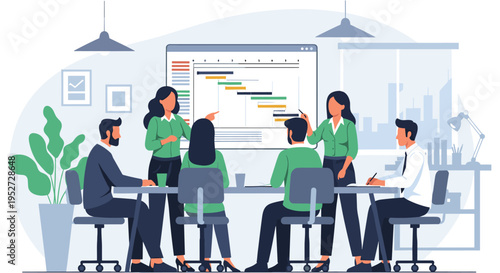 Diverse team discussing colorful graph on whiteboard in modern office with natural lighting for business presentation