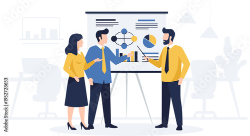 Business people discussing data on whiteboard in modern office with flat design for presentation