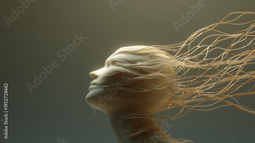 3D Wireframe Human Head Tangled with Floating Chaotic Lines. Minimal Dark Concept Art Background.