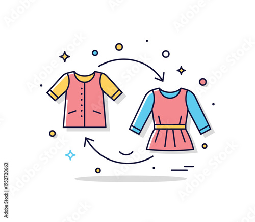 Clothing swap community initiative illustrated by two overlapping garment icons connected by a circular arrow and a small smile accent, expressing shared