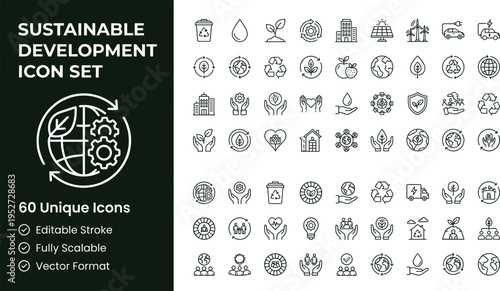 Sustainable development line icon set with environmental protection renewable energy and global sustainability symbols