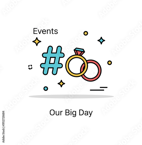Event hashtags wedding celebration theme featuring a hashtag symbol paired with two small ring icons, symbolizing personalized tags for memorable occasions. A