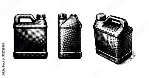 Industrial chemical canister with handle shown in three views: front view, side profile, and angled perspective emphasizing the rectangular container body,