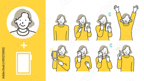 Senior woman character set interacting with mobile technology to bridge the digital divide through intuitive application guidance and elderly lifestyle support services