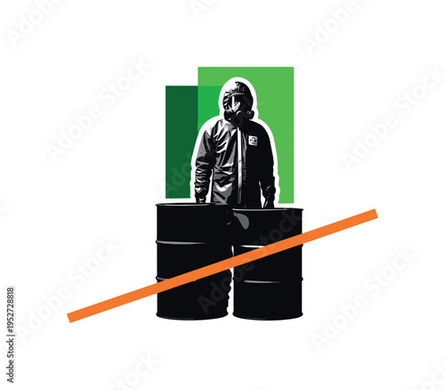 Black and white protective worker silhouette in hazmat suit standing beside waste barrels, bright green abstract block behind the upper body, thin orange
