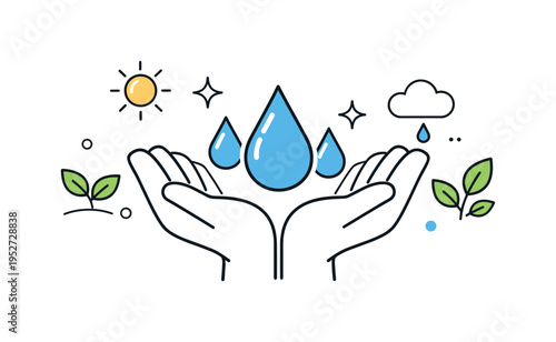 Water conservation concept. Hands gently holding water drops, careful and responsible attitude toward natural resources. Simple eco symbols and calm optimism.