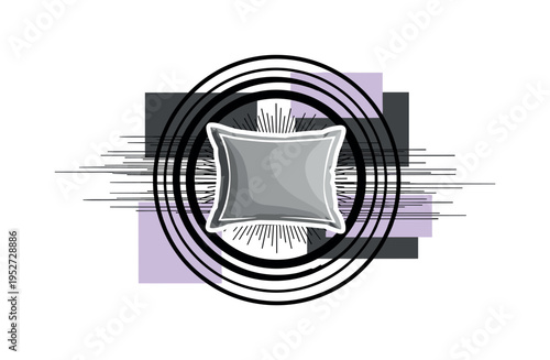 A monochrome pillow seen from above, slightly indented as if just used, surrounded by bold circular halos and thin horizontal lines representing silence,