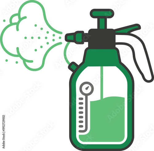 Green garden sprayer bottle with pump action spraying mist, flat design vector illustration
