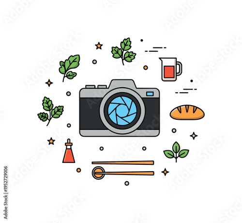 Regional flavor documentation centered on a camera lens surrounded by small icons of herbs, chopsticks, and bread to suggest diversity of global cuisines. The