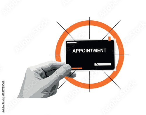 Black and white appointment card held in hand, framed by bold orange circular ring and intersecting thin black lines symbolizing time structure, layered paper