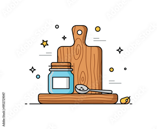 Wooden accents kitchen decor centered on a wooden cutting board with a small jar and spoon, symbolizing warmth, functionality and cozy culinary atmosphere. The