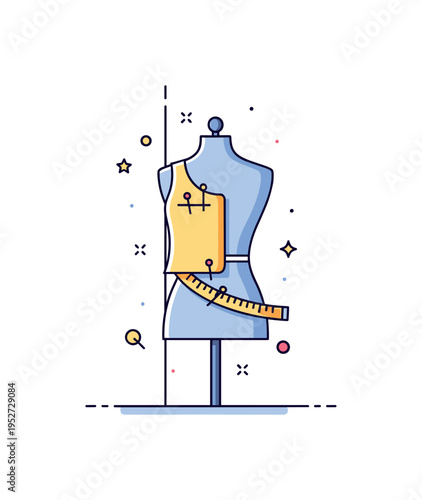 Home fashion studio corner mannequin torso with pinned fabric and small measuring tape detail, expressing independent creation and personal atelier atmosphere.