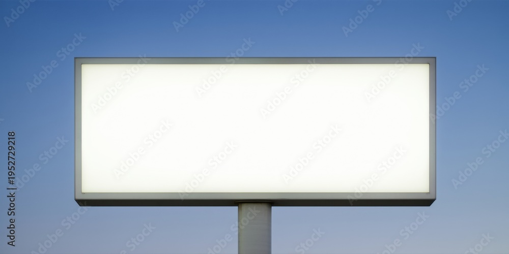 Fototapeta premium Blank billboard against blue sky. Bright white surface dominates image. Simple structure, potential for advertising display. Minimalist composition.