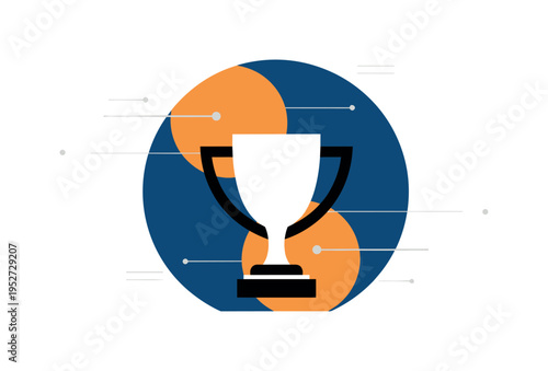 Black and white trophy simplified into bold graphic shape, large deep blue circular disc behind intersected by warm orange semicircles suggesting spotlight,