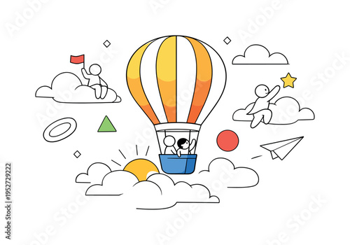 Sky exploration. Hot air balloon rising slowly, sun peeking from behind soft clouds. Peaceful journey upward with floating abstract shapes and gentle motion.