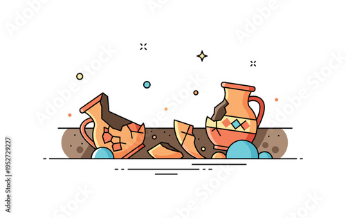 Broken pottery remains scattered on the ground near a dig site, symbolizing history, craftsmanship, and archeological findings. Minimalist flat