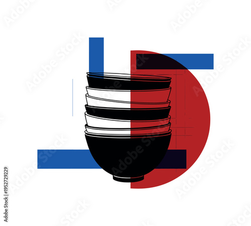 Modern-retro collage of stacked rice bowls in black-and-white cut-out style, intersected by a deep red semicircle and blue rectangular forms, subtle grid lines