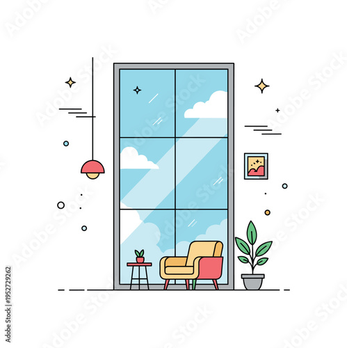 Large windows interior concept featuring a tall floor to ceiling window with soft daylight streaming onto a minimal armchair and small plant, expressing