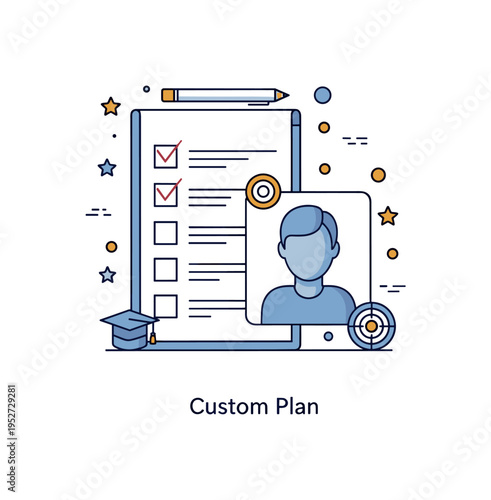 Customized curriculum planning concept centered on a checklist document with subject icons tailored to a single profile silhouette, expressing targeted skill