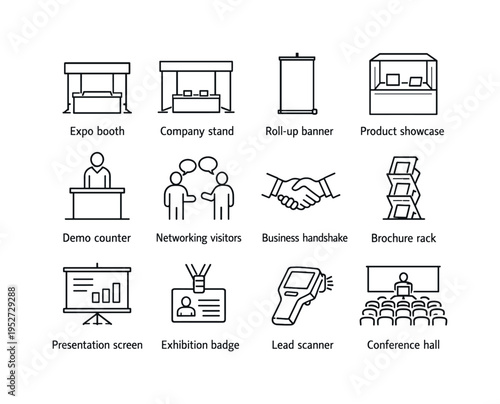 Trade exhibition. Line icon set of trade exhibition: expo booth, company stand, roll up banner, product showcase, demo counter, networking visitors, business