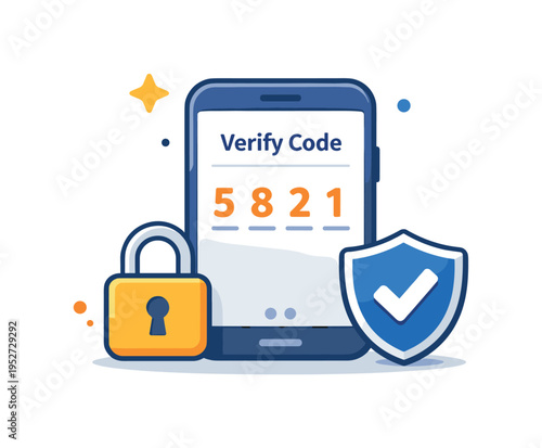 Two factor authentication a smartphone displaying a short verification code while a small lock and shield confirm an extra layer of identity protection,