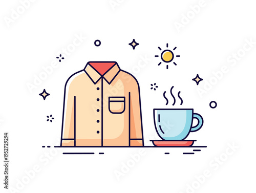 Pajama day at home morning coffee ritual illustrated by a pajama shirt icon paired with a steaming cup and small sun accent, symbolizing simple home pleasures.