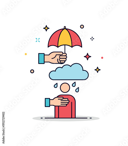 Stress intervention concept figure under a small rain cloud with another hand holding an umbrella above, symbolizing protection, reassurance and immediate