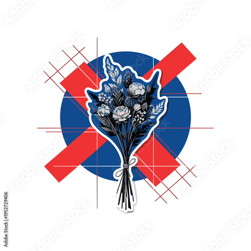 black and white bouquet of dried flowers tied with thin string as main object, delicate stems and textured petals, cut-out effect with white outline, layered