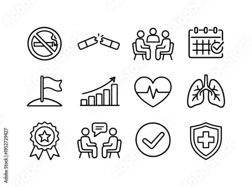 Smoking Cessation Programs. Line icon set of Smoking Cessation Programs: no smoking sign, broken cigarette, support group, quit calendar, goal flag, progress