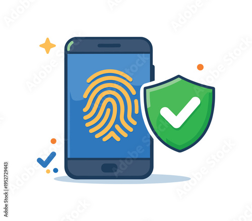 Biometric authentication a smartphone unlocking with a fingerprint symbol while a small shield confirms verified identity, representing modern privacy tools