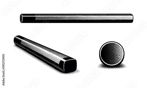 Unsharpened pencil A new unsharpened pencil with flat end, intact lacquered body, and clean geometry shown from side, angled, and end-on views as a single