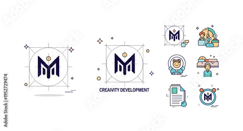 Logo development process featuring a stylized monogram icon surrounded by small grid lines and alignment guides, symbolizing precision and thoughtful