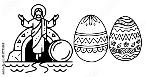 Jesus Christ rising from the tomb with decorated Easter eggs in simple line art style
