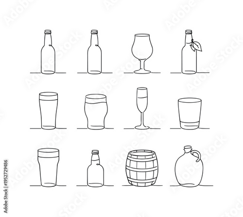 Apple Cider Styles. Minimalistic set one-line drawing green apple cider bottle, red apple cider bottle, heritage apple cider glass, organic cider label bottle,